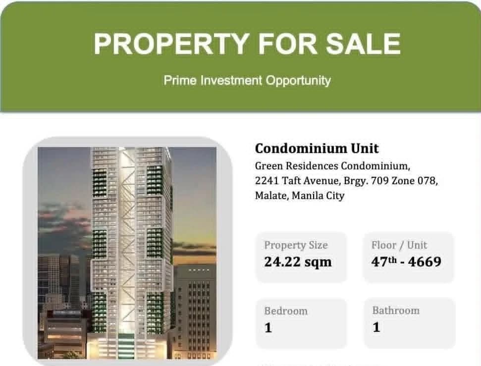 Green Residence Condominium | 1BR 24sqm Condo for Sale in City Of Manila