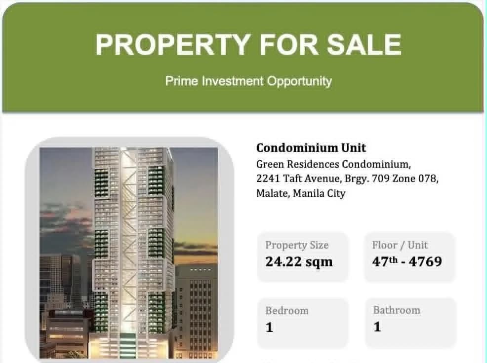 Green Residence Condominium | 1BR 24sqm Condo for Sale in City Of Manila